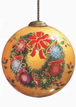 Wreath & Holly Hand Painted Glass Ornament