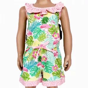 AnnLoren Little & Big Girls Pink Flamingo Palm Tree Kids Shorts Jumpsuit