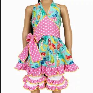 AnnLoren Girls' Mermaid Halter Dress & White Ruffle Shorts Boutique Set